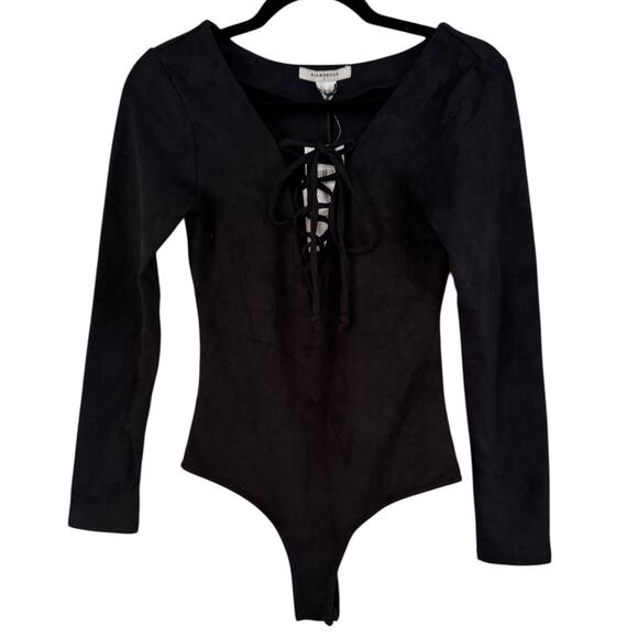 NWT Glamorous Black Suede Thong Bodysuit Lace Up Long Sleeve Women’s Size Small - Picture 1 of 7